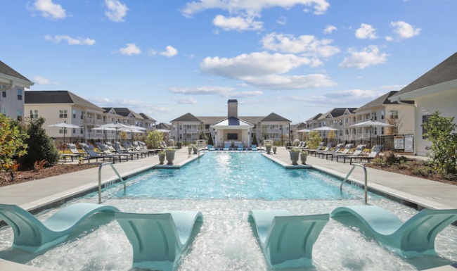 The Finch's community saltwater pool with sunshelf and lounge seating